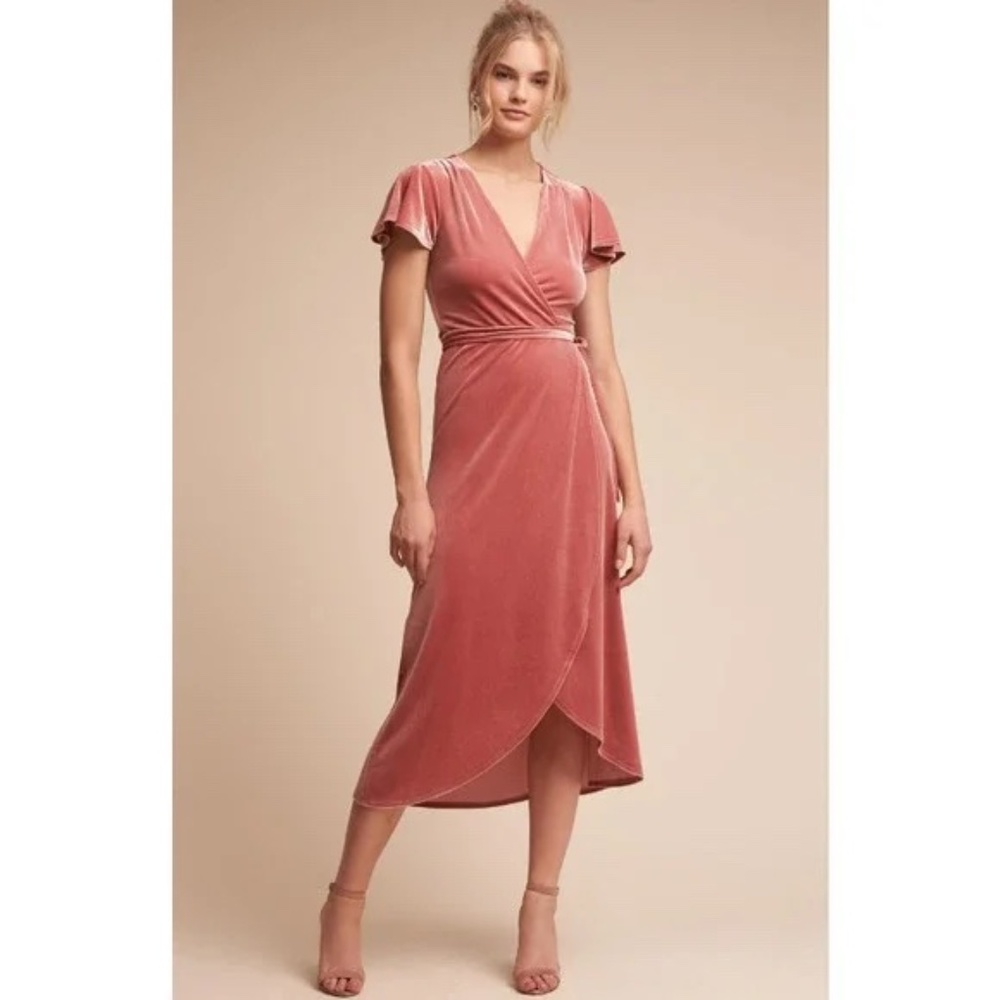 BHLDN / Anthropologie Velvet Wrap Dress, Dusty Rose Pink, Size XS